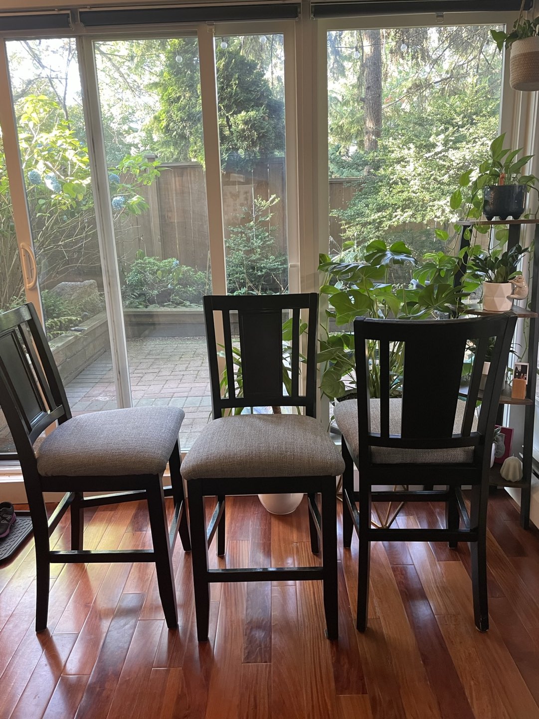 Three wood framed upholstered counter stools - photo 2