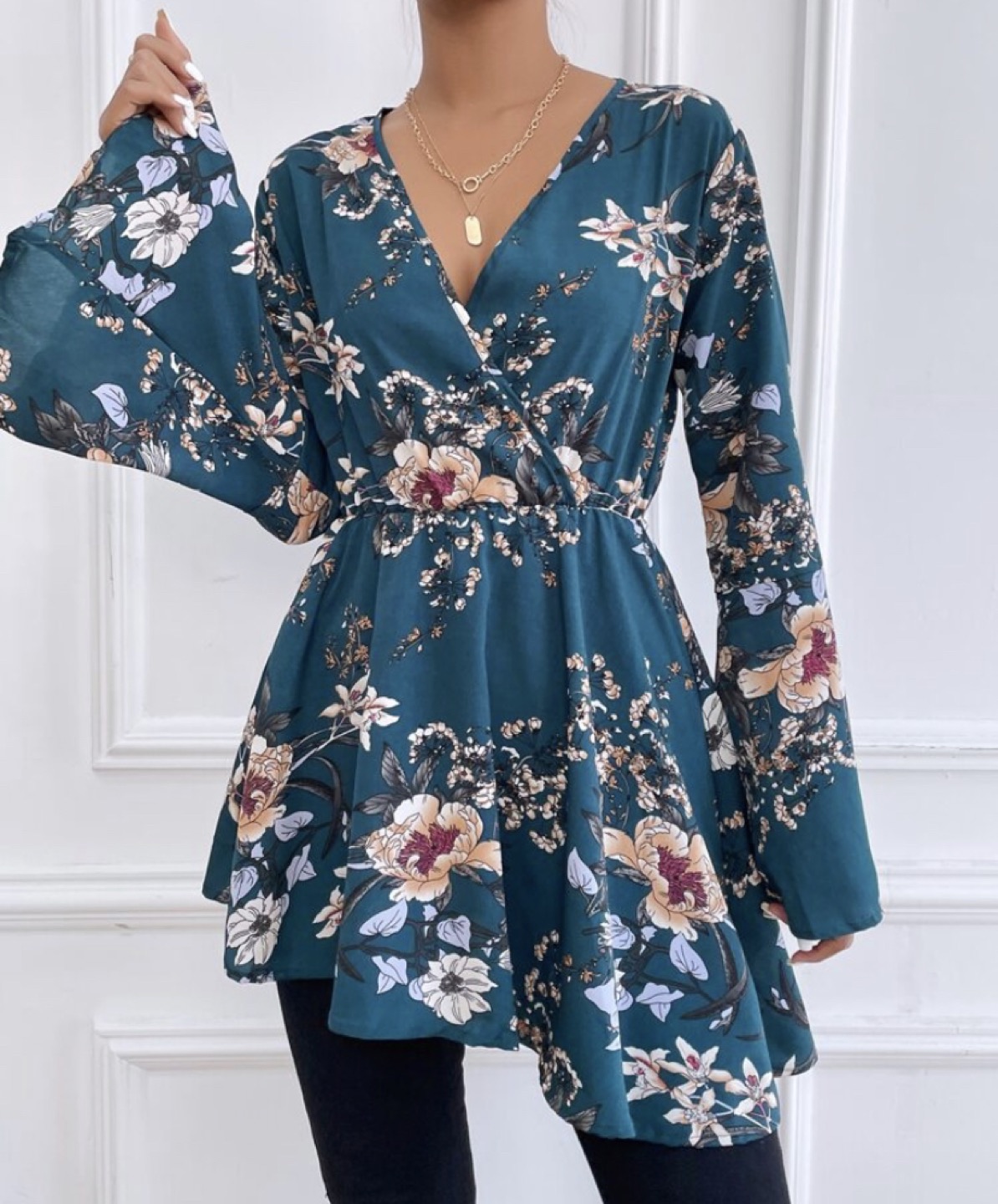 Floral Print V-neck Bell Sleeve - Dress/ Blouse