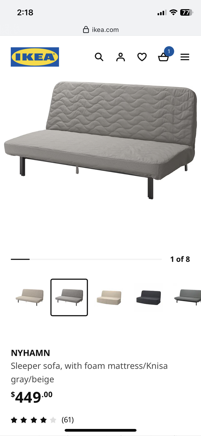 IKEA Sleeper Sofa Bed NYHAMN grey w/ free beige cover