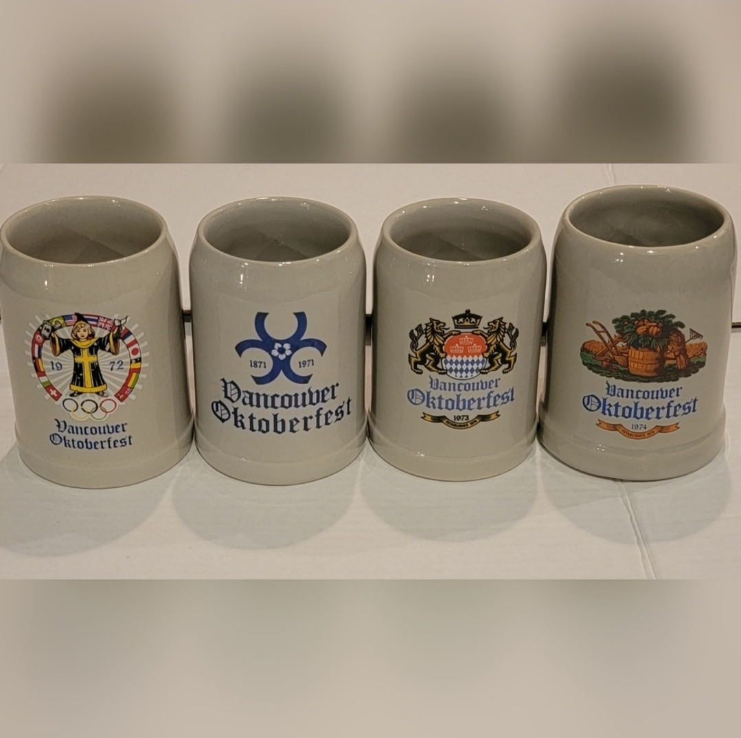VANCOUVER OKTOBERFEST 1971-1974, 4 collectors Steins, vintage.