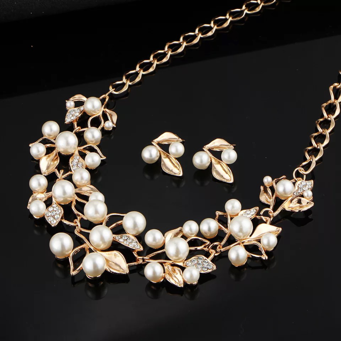 Jewelry Set Artificial Pearl Crystal Leaf Necklace Earring Set