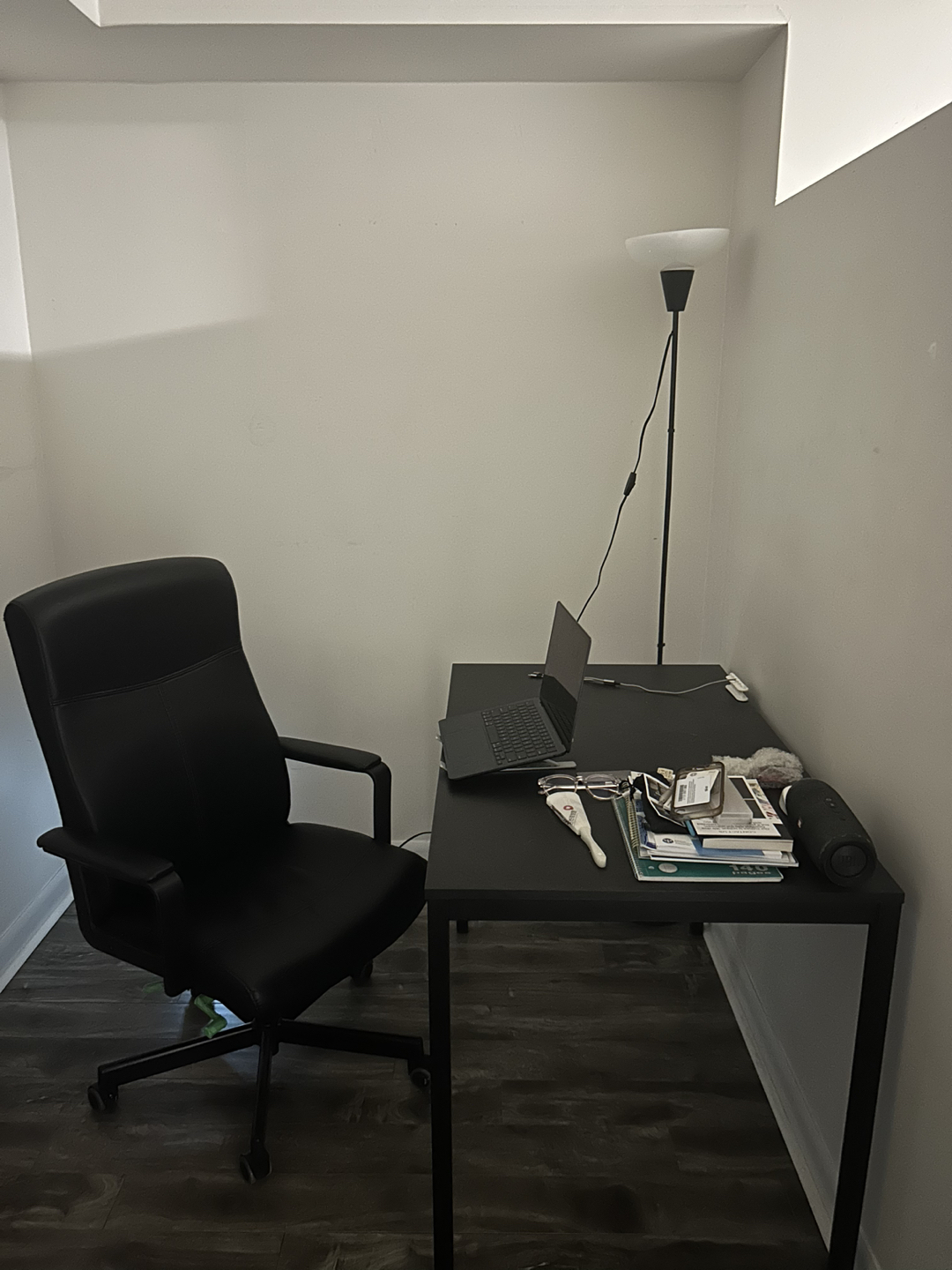 Chair, desk, lamp