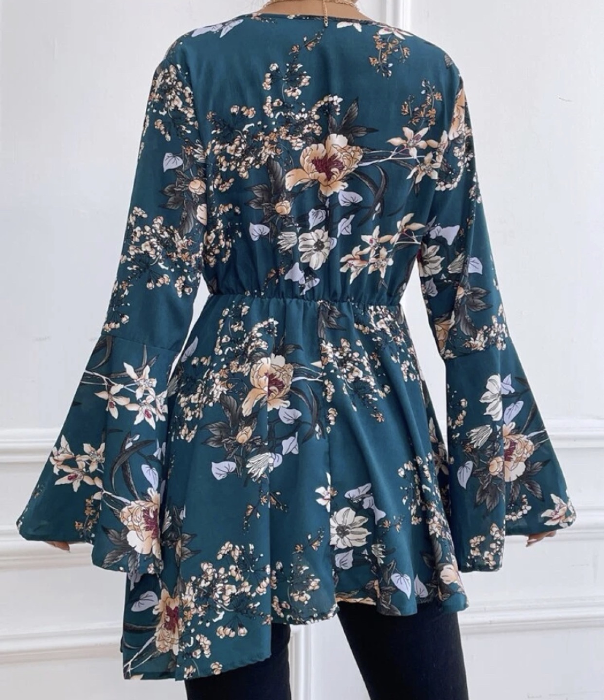 Floral Print V-neck Bell Sleeve - Dress/ Blouse - photo 2