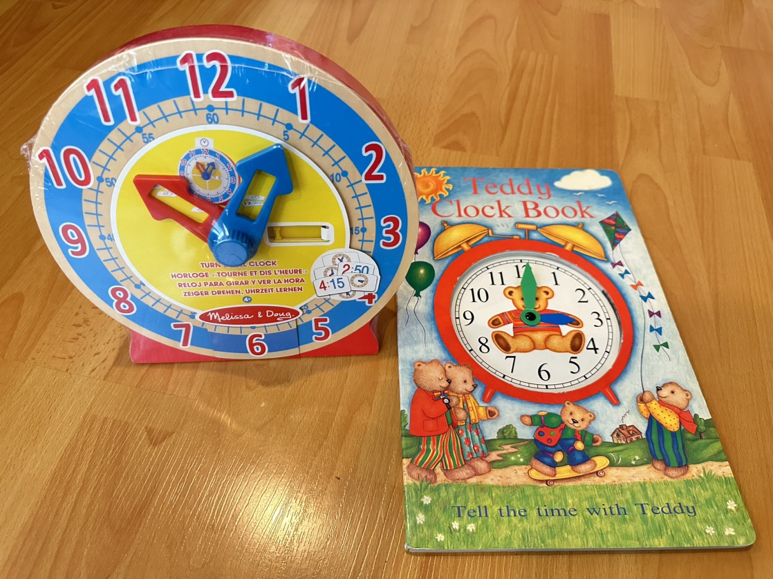 Wooden toy clock & book