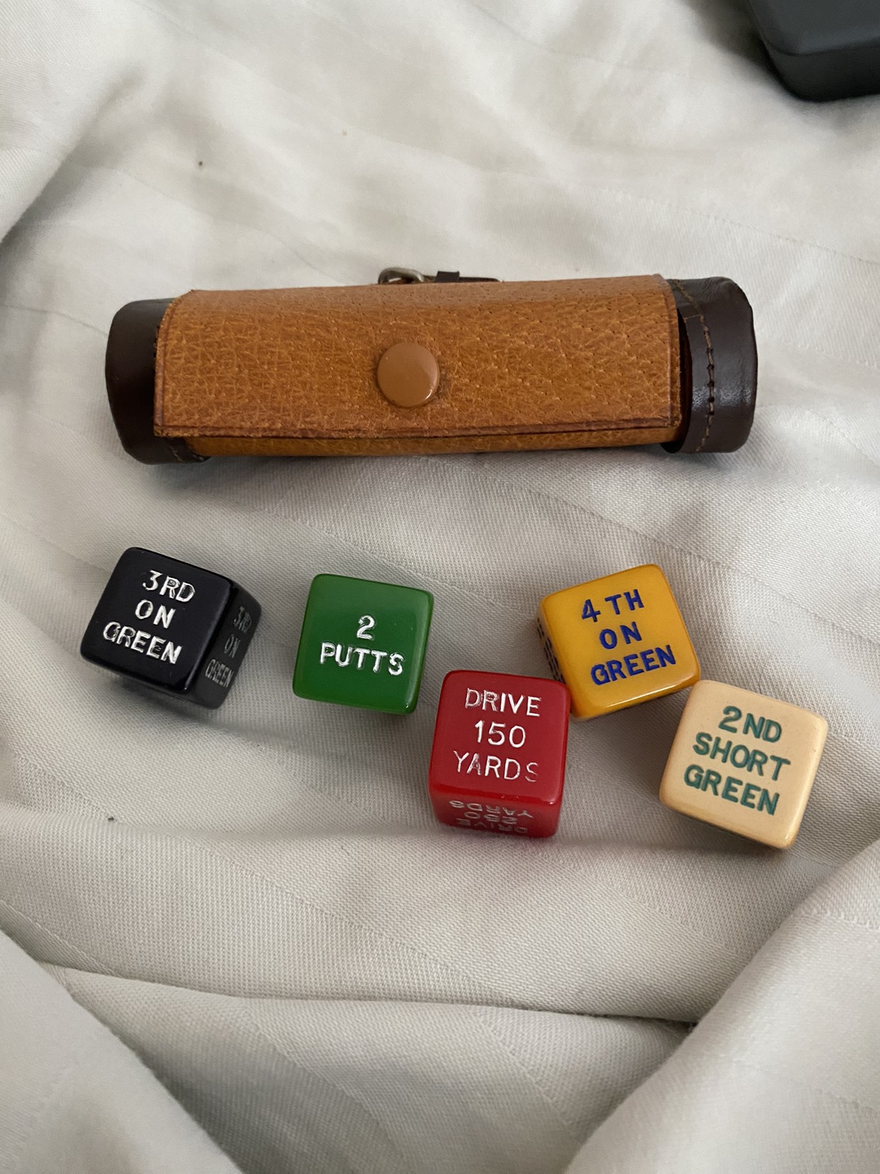 vintage indoor golf dice game, bakelite dice, leather case thumbnail