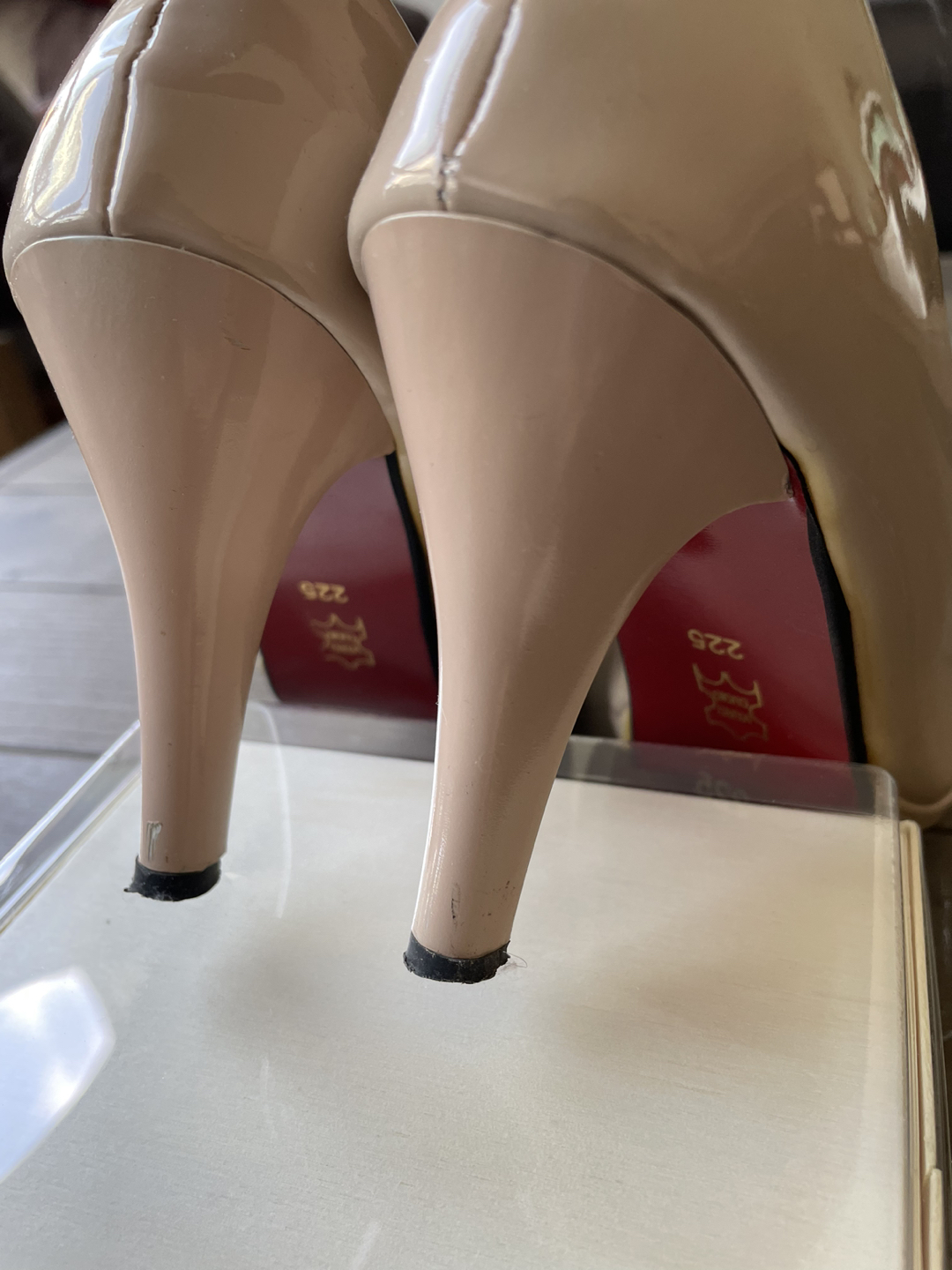 #freecycle nude shiny faux leather heels size 5 image indicator(2)
