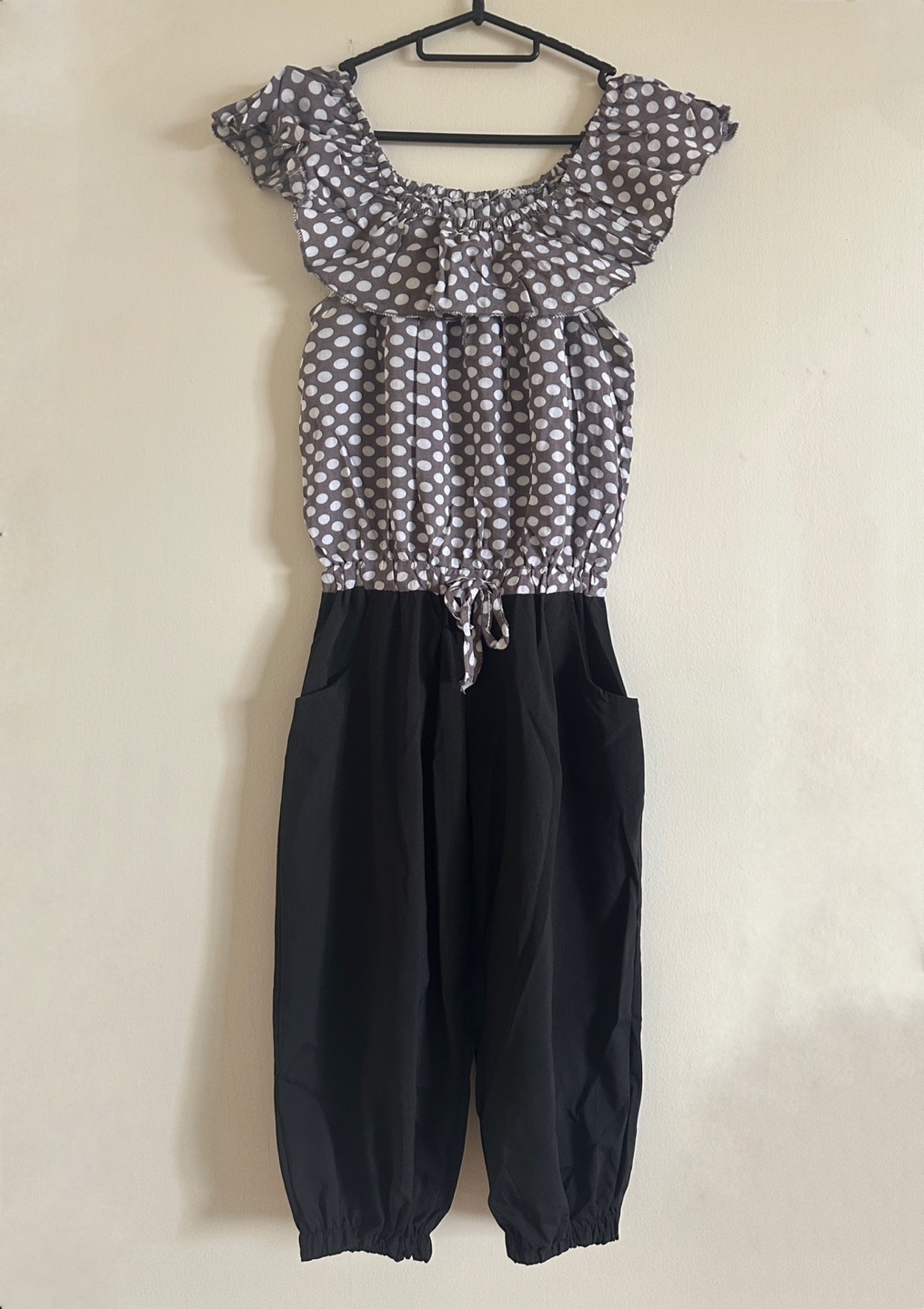 Bertha collar polka dots contrast jumpsuit with pockets