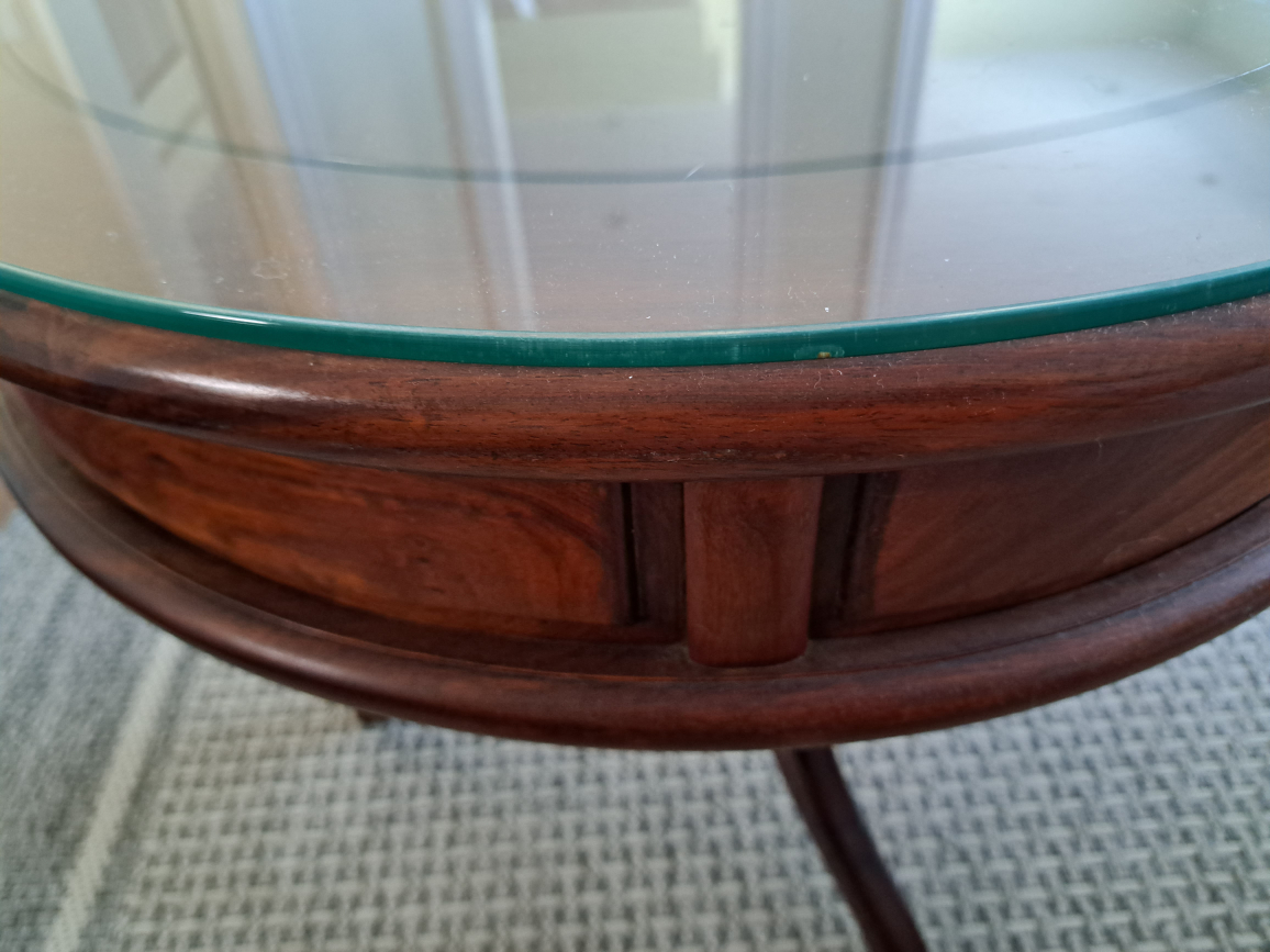 Redwood two drawers round end table with glass top image indicator(4)