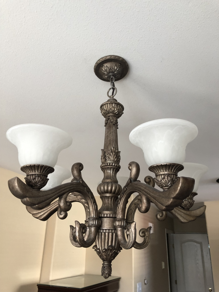 5 arm light chandelier with frosted shades thumbnail