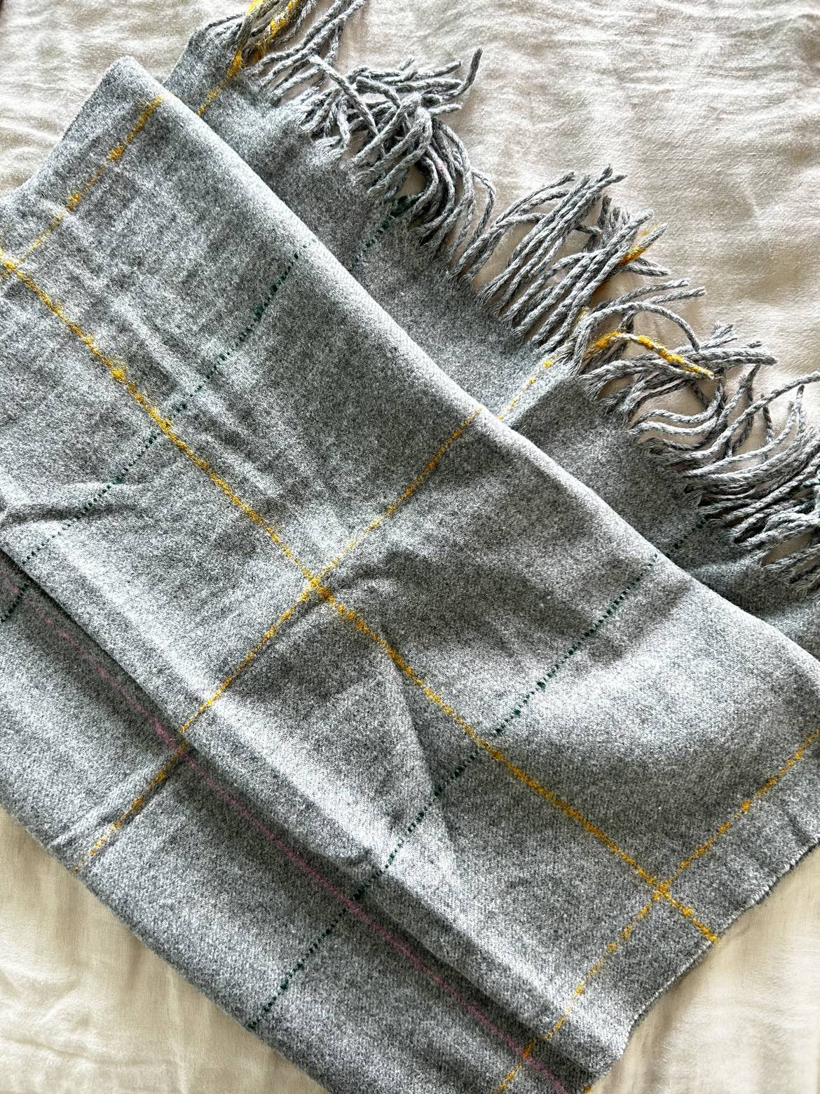Grey scarf with pink, yellow and green lines thumbnail