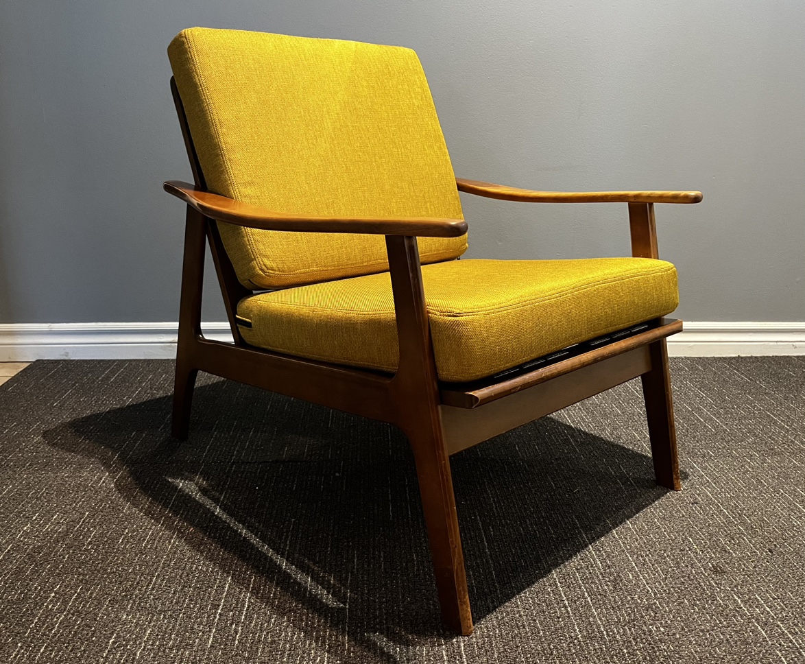 Mid century modern walnut stained beechwood lounge chair thumbnail