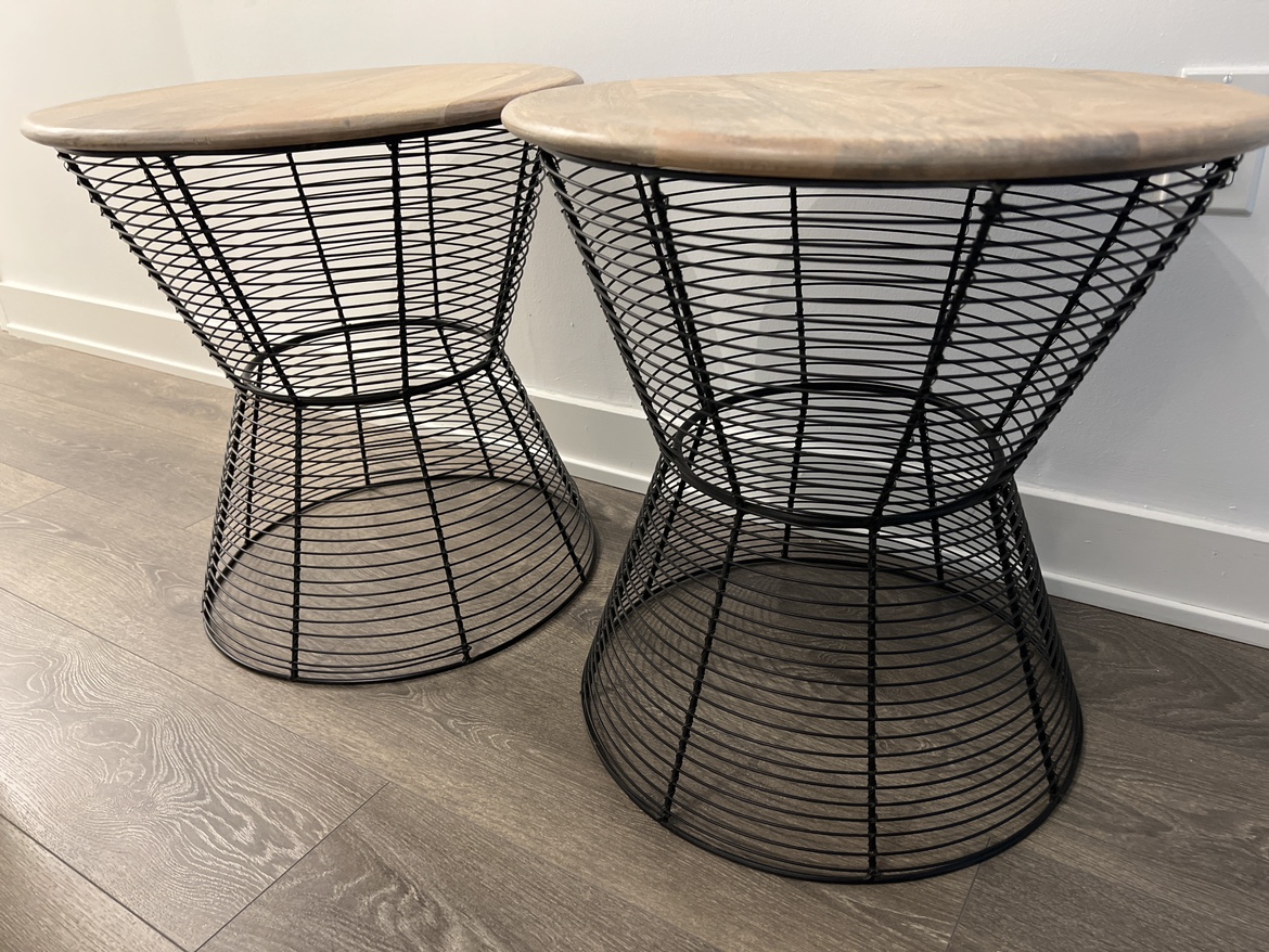2 Side tables - wooden top on a wire mesh base