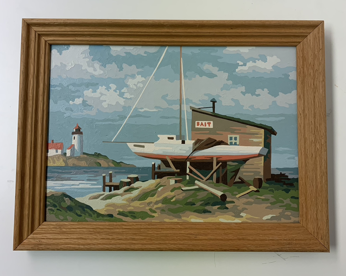 Paint By Number Style Bait Shop & Sailboat 16" x 12" Painting thumbnail
