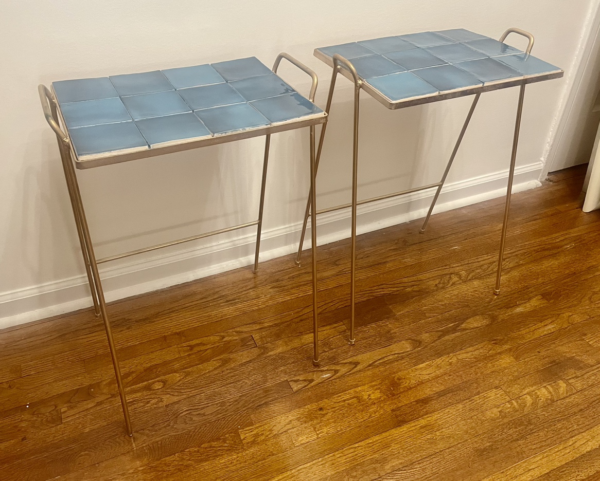 MCM Set of Gold Wrought Iron Side Tables/Aqua Blue Tile - photo 2