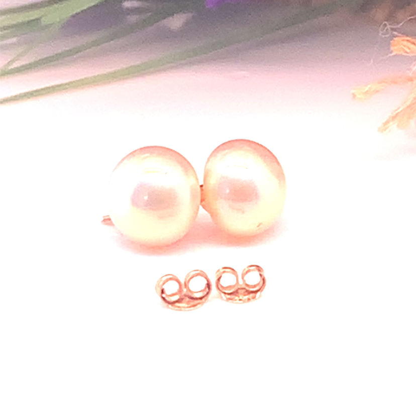 14k YG 8MM pink freshwater pearl earrings image indicator(3)