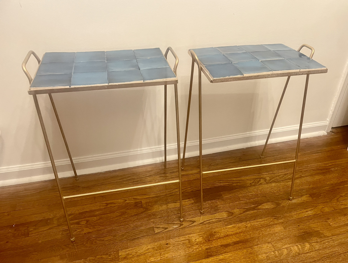 MCM Set of Gold Wrought Iron Side Tables/Aqua Blue Tile - photo 4