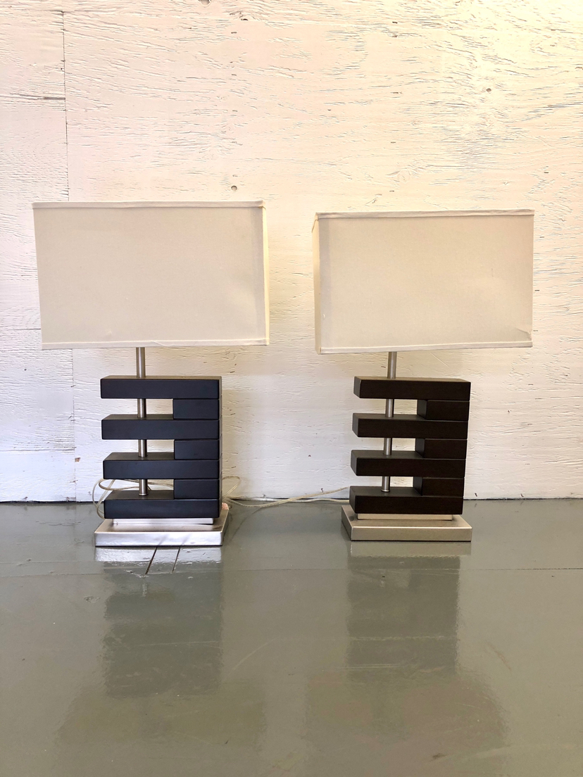 Pair of wood and stainless steel table lamps