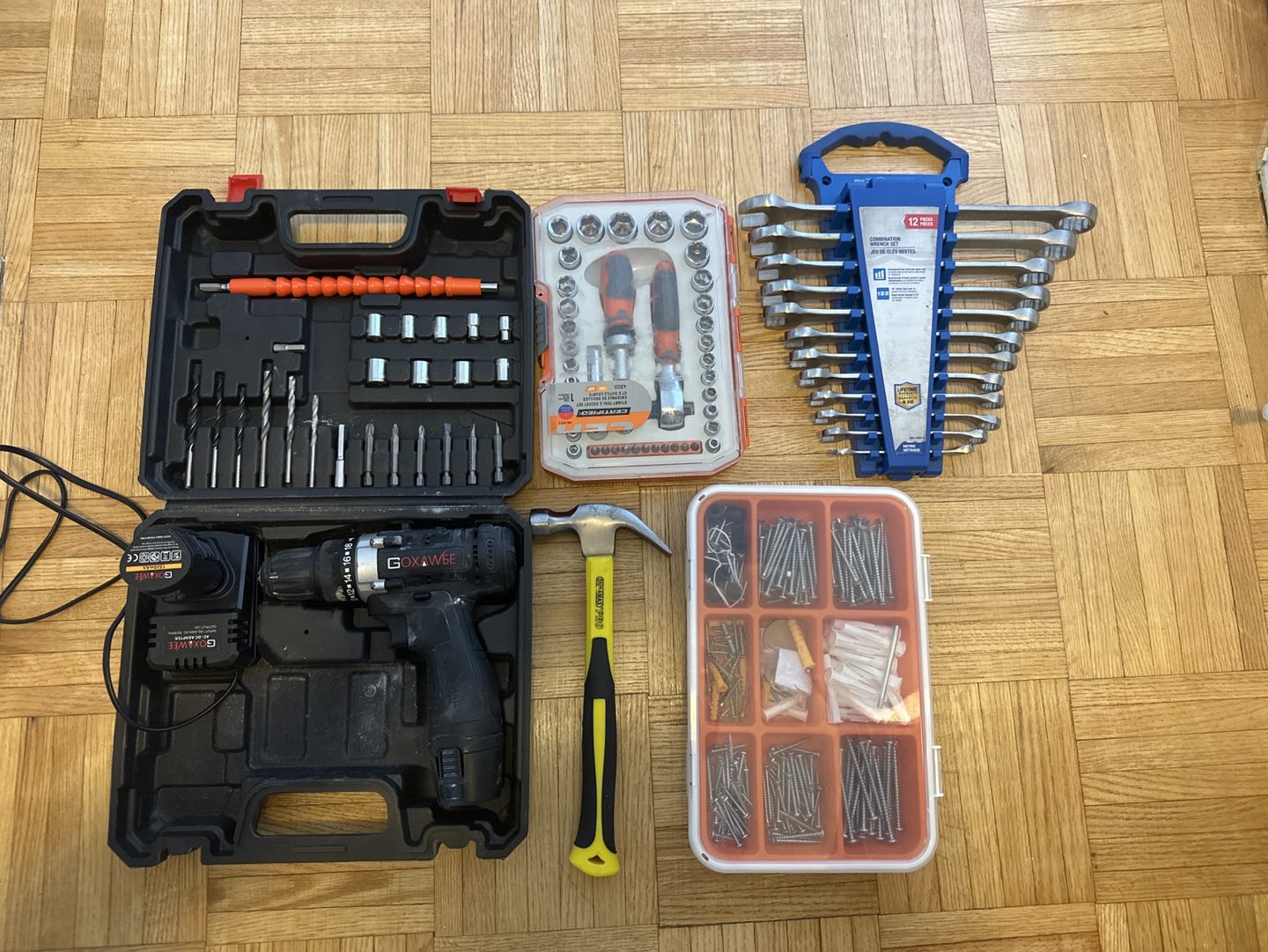 Drill , bits, tools, hammer etc