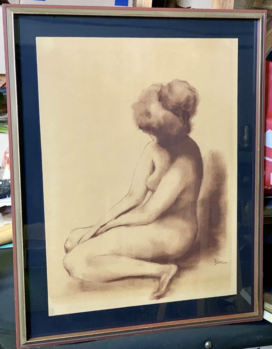 Large Nude Lady Sepia Charcoal Etching Artist Signed thumbnail