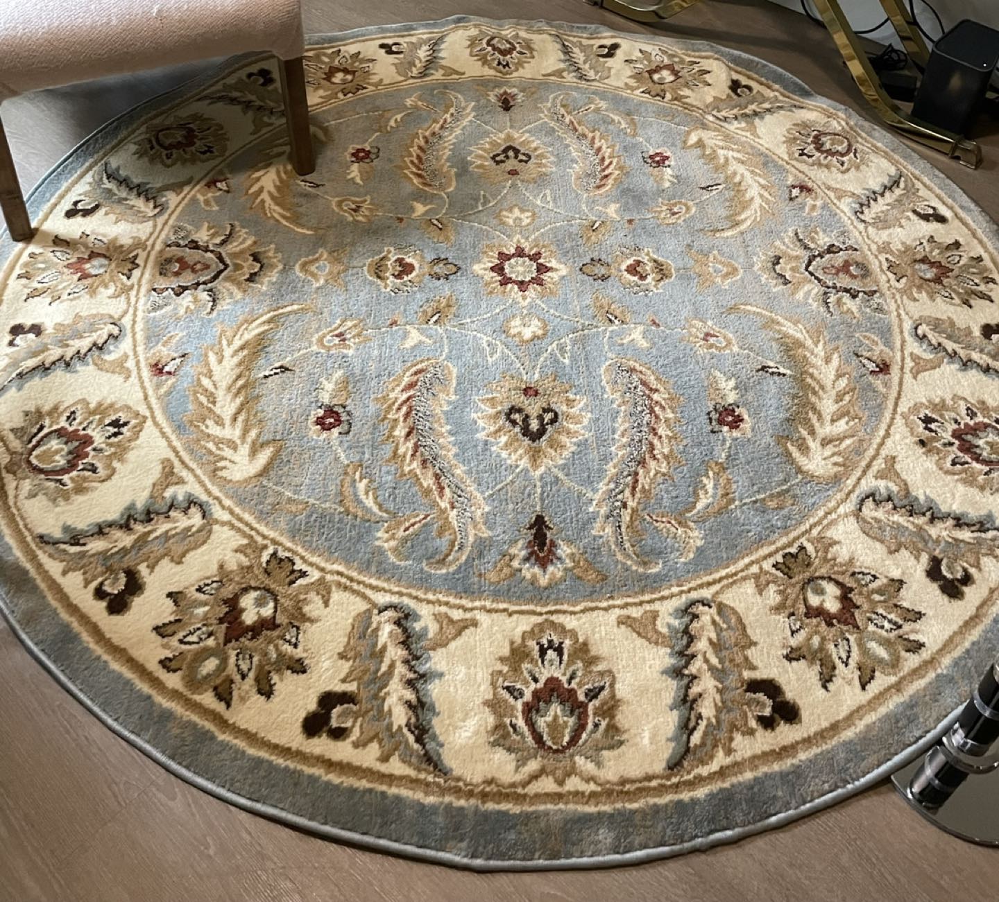 Burgundy Round Rug with Santorini blue patterns