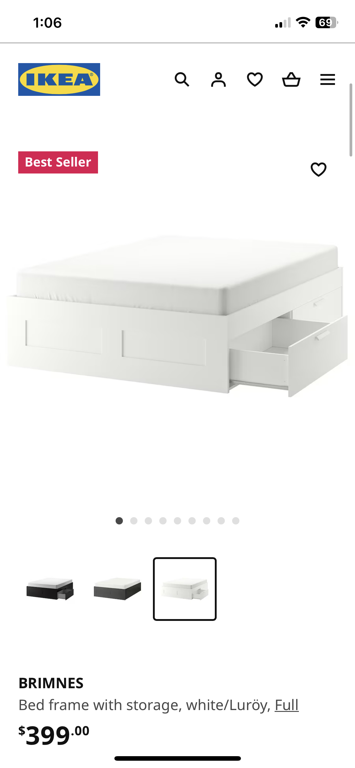 BRIMNES Bed frame with storage, white/Luröy, Full thumbnail