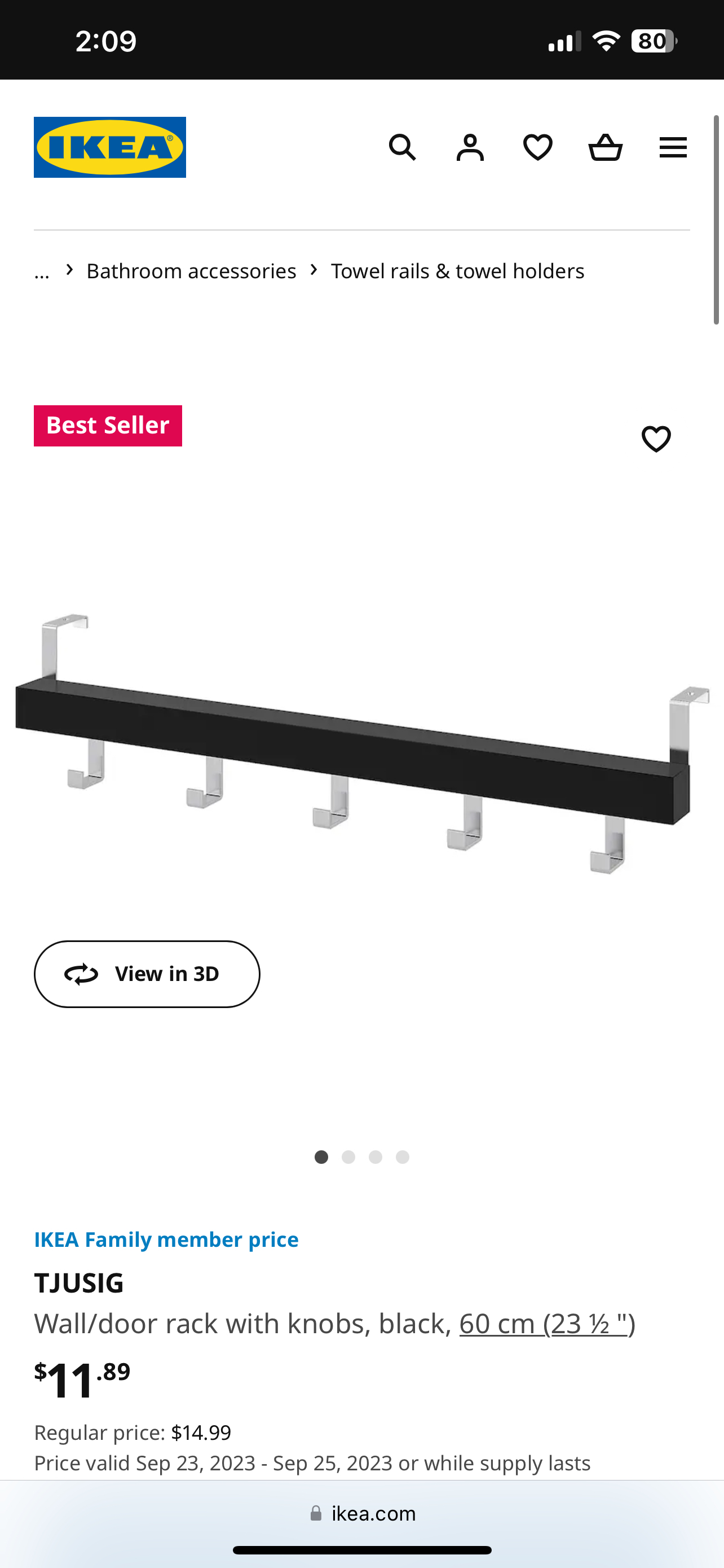 Wall/door rack with knobs, black, 60 cm (23 ½ ")