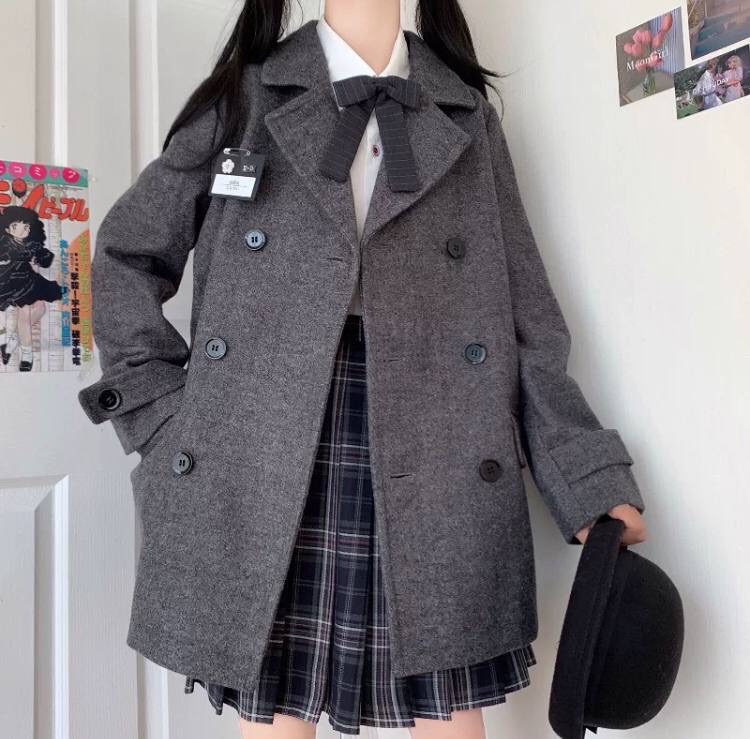 Grey double breasted coat, casual lapel long sleeve