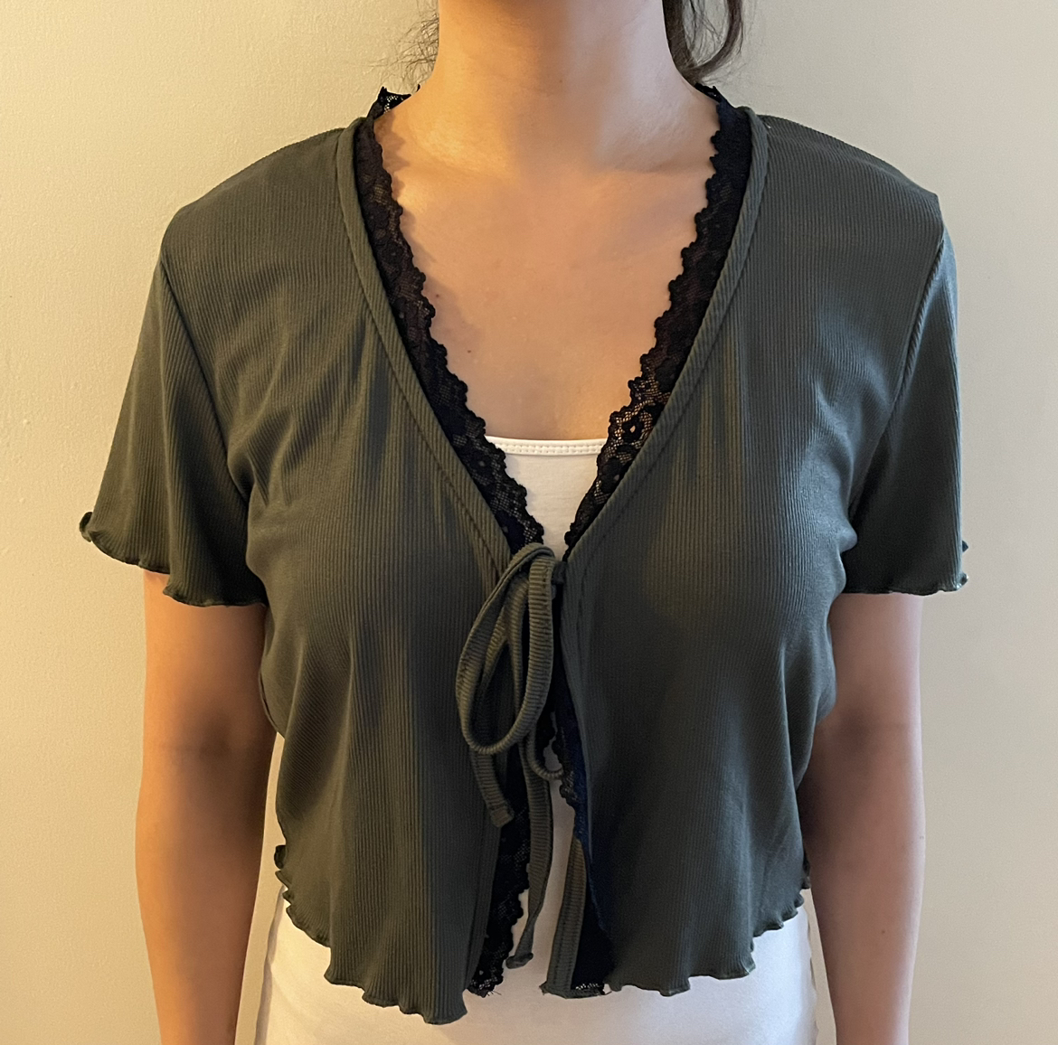 Olive colour cardigan with black lace trim image indicator(2)