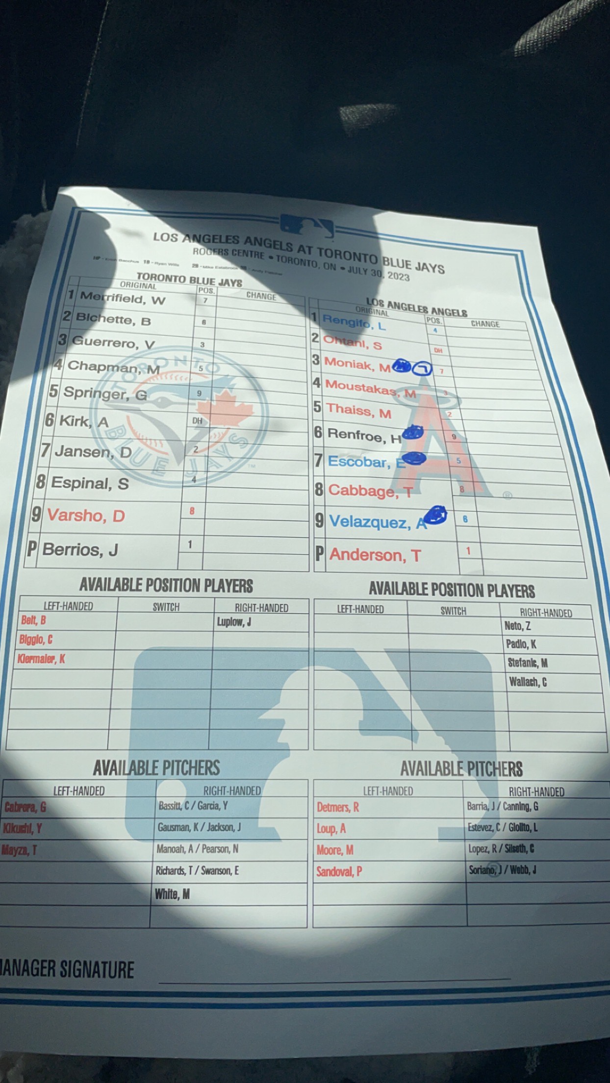blue jays vs angles line up card game used thumbnail