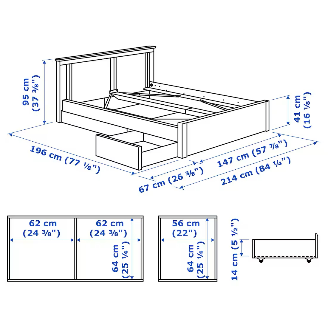Ikea SONGESAND Bed frame with 2 storage boxes, white, Double - photo 2