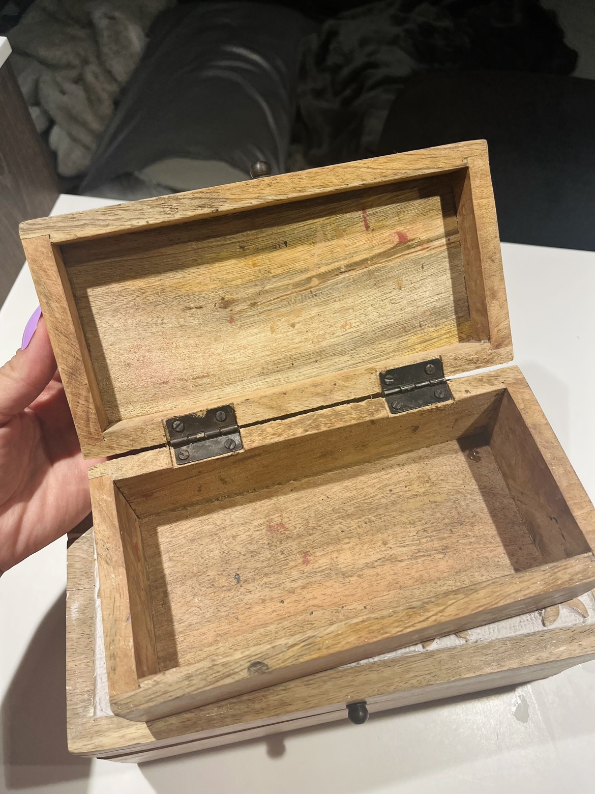 Two wooden carved trinket boxes with hinge used good condition image indicator(3)