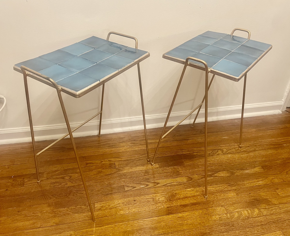 MCM Set of Gold Wrought Iron Side Tables/Aqua Blue Tile