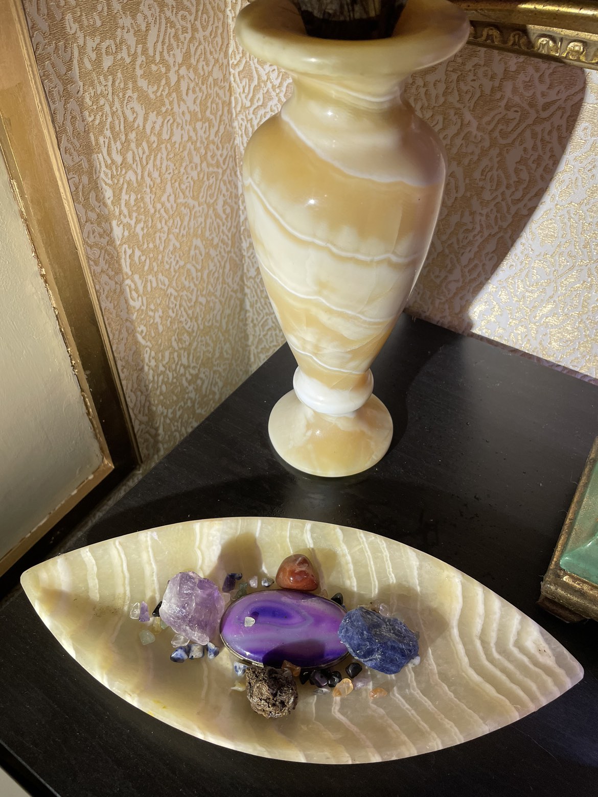 Alabaster vase and candy dish set