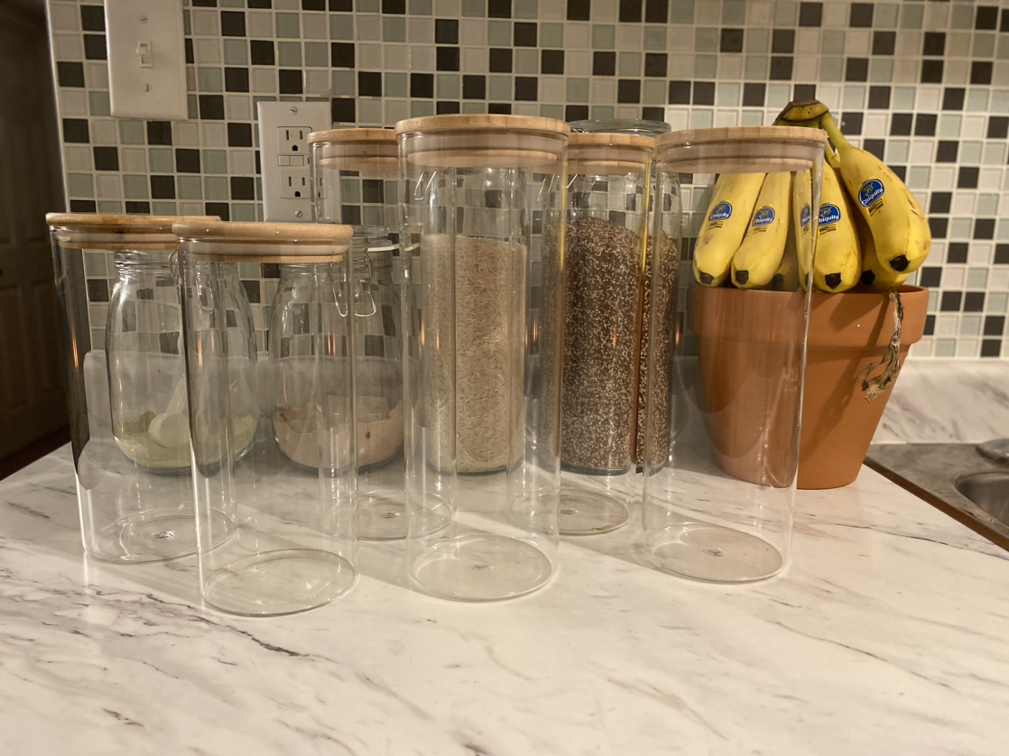 GLASS STORAGE JARS BAMBOO LIDS & GLASS BOTTLE SHAPED JARS W/LIDS thumbnail