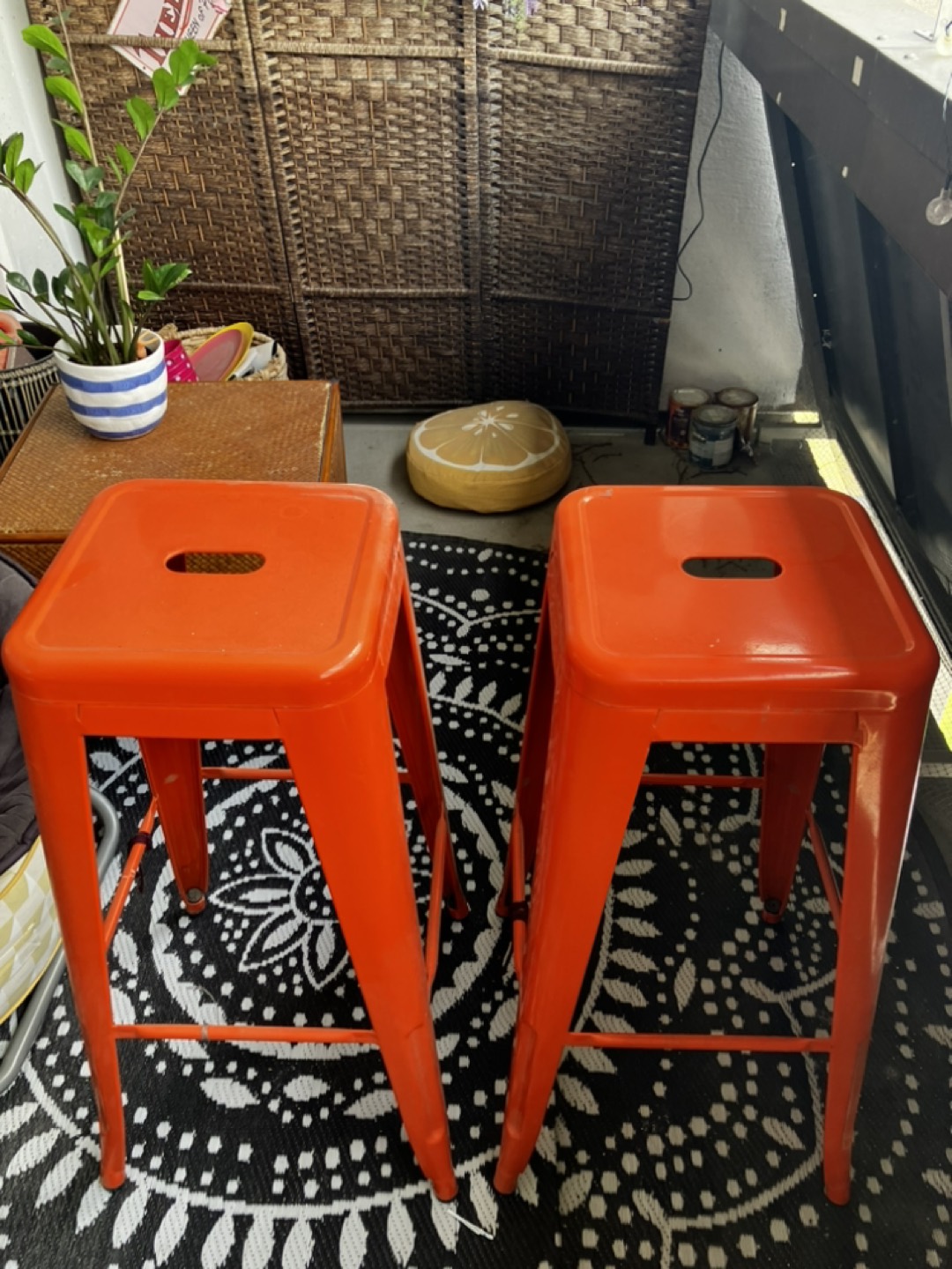 Two Industrial Style Orange Bar Stools thumbnail
