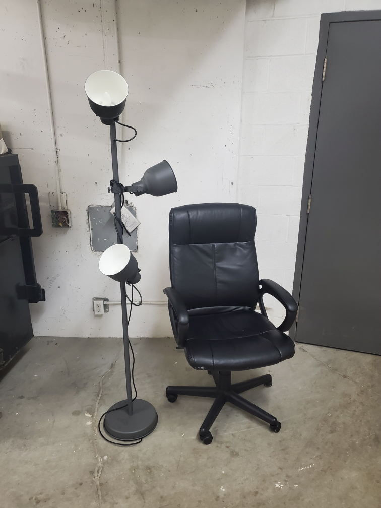 office chair and lamp.