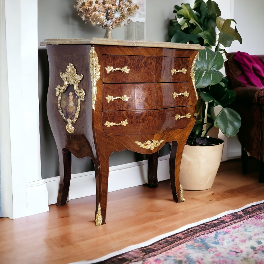 Outstanding French Bombe Commode Chest With Marble top
