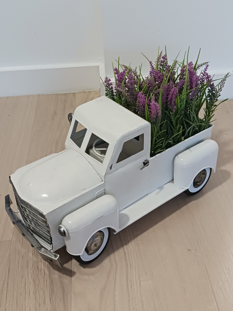 Vintage white metal decortaive truck with faux lavender flowers - photo 2