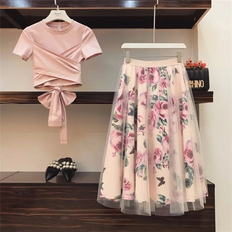 Floral Meshnet Skirt & Blouse(S,M,L,XL)