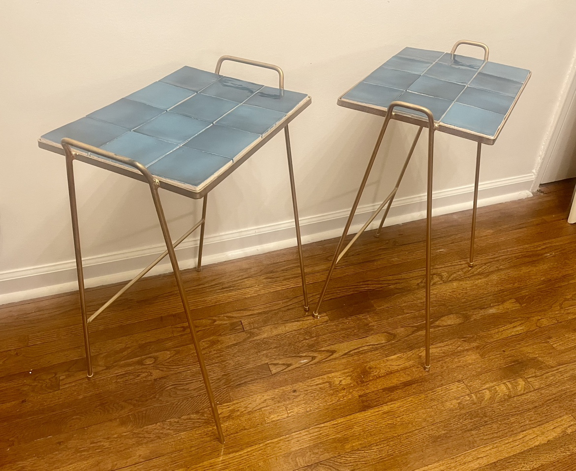MCM Set of Gold Wrought Iron Side Tables/Aqua Blue Tile - photo 3