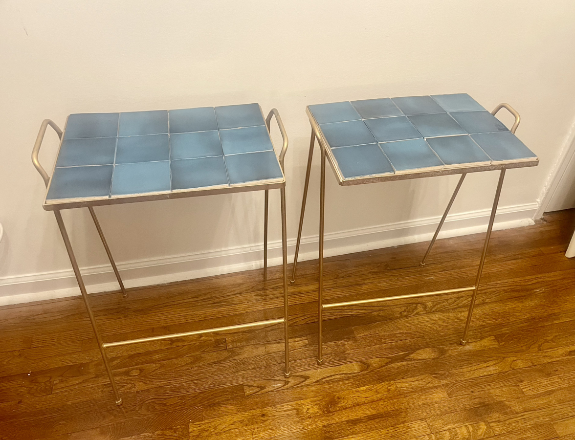 MCM Set of Gold Wrought Iron Side Tables/Aqua Blue Tile - photo 5