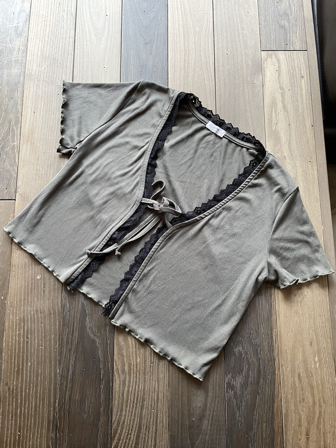Olive colour cardigan with black lace trim thumbnail