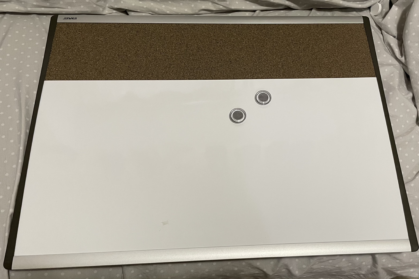 Small magnetic whiteboard with small pin board on the side
