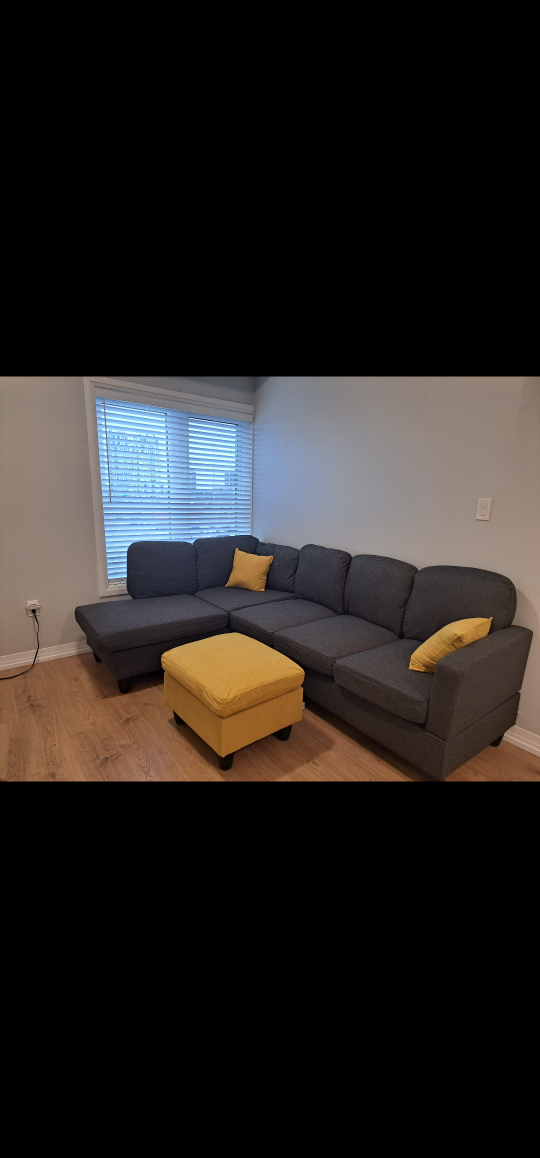 5 seater, 2 throw pillows and an ottoman