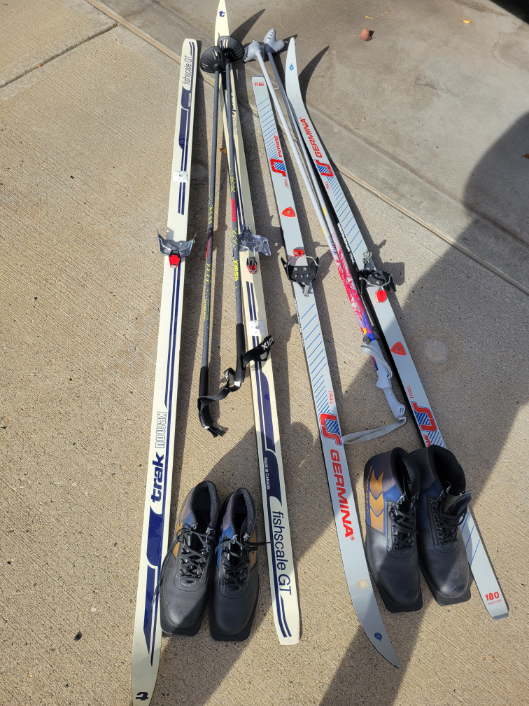 2 sets Cross Country skis with poles & shoes  8.5W & 11.5M