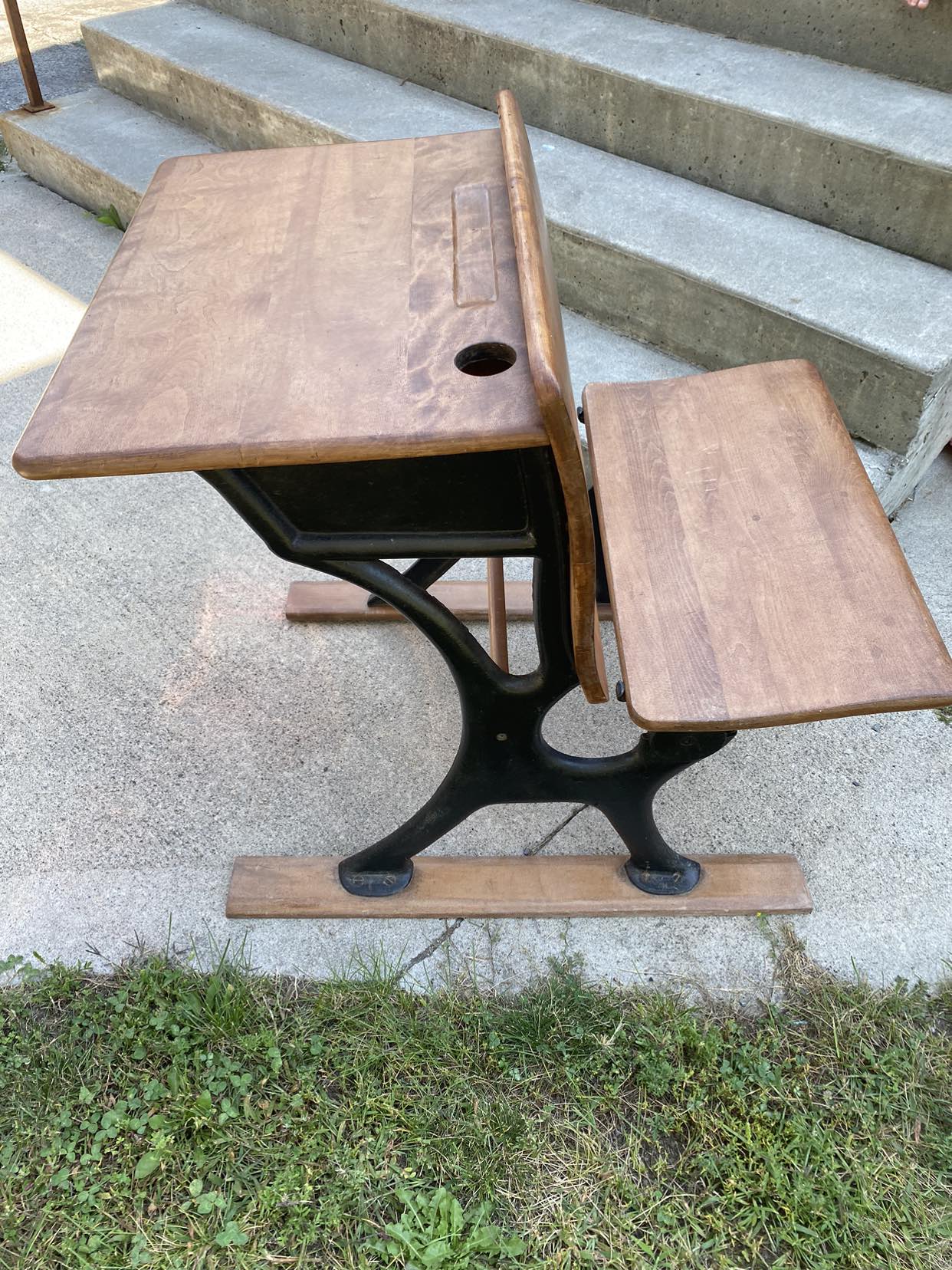 1800s antique school desk cast iron restored wood - photo 3