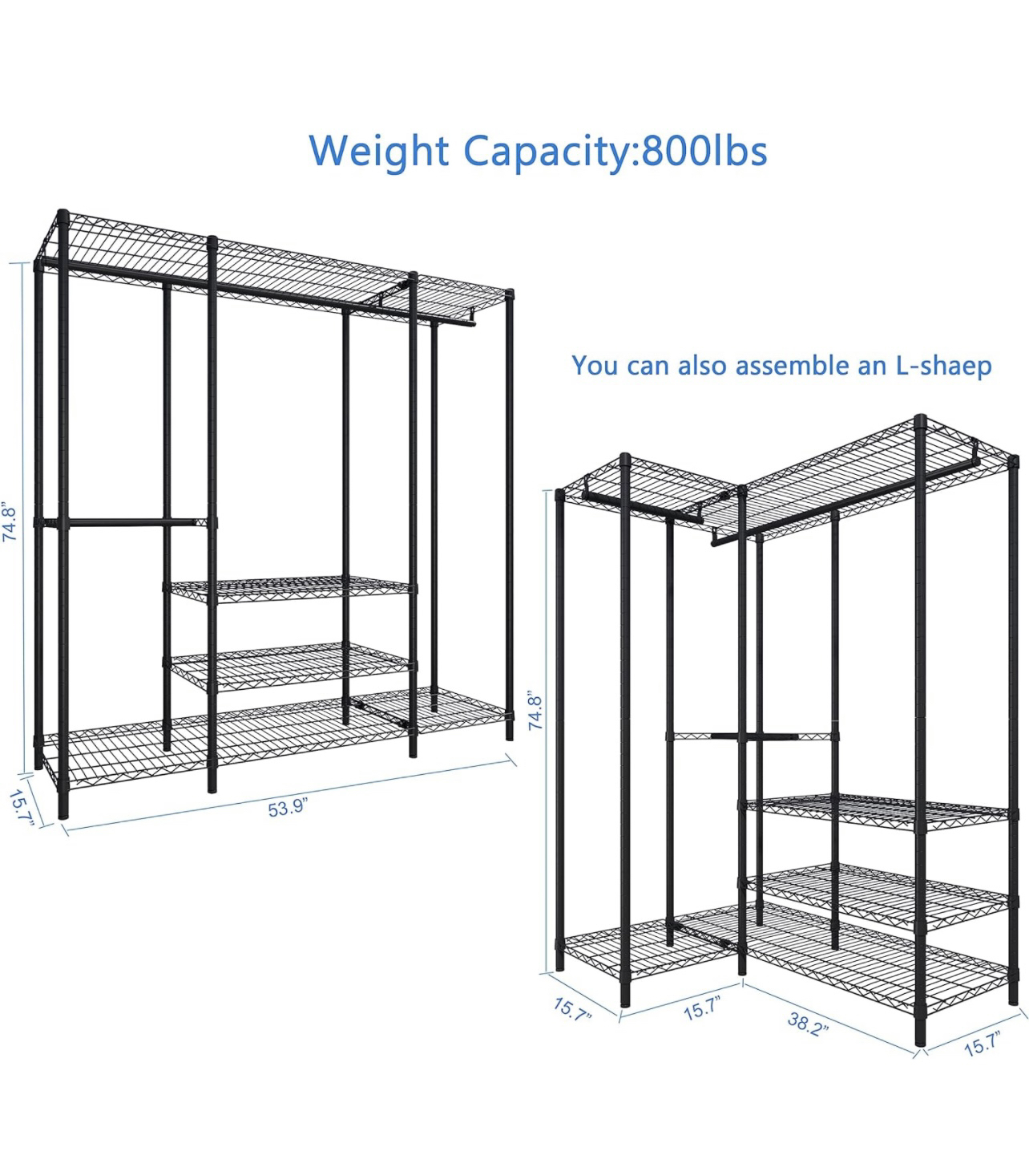 Metal Hanging Storage Organizer Rack Wardrobe w/ Shelves - photo 5