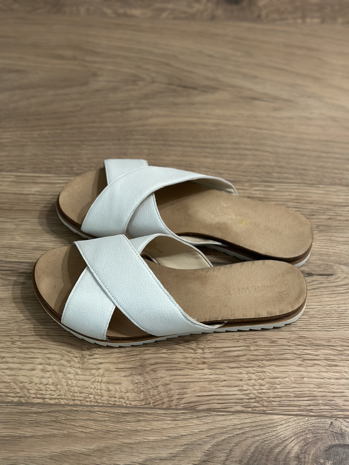 Nine West white leather strap sandals, size 7.5