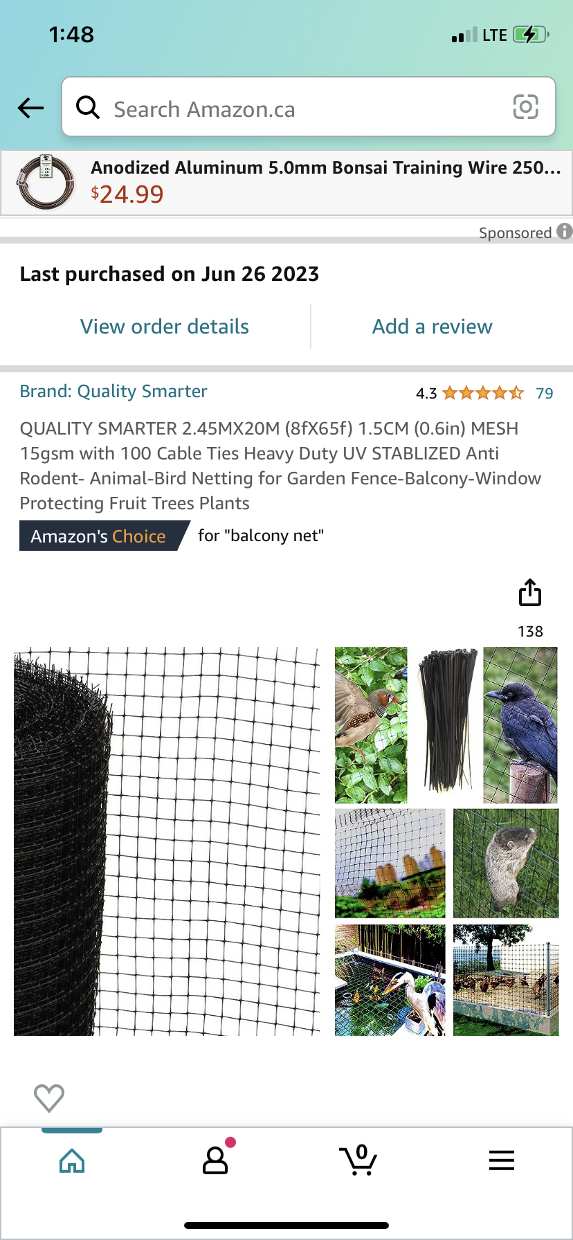 8x65f 1.5cm Mesh PP Garden Net, Balcony Net with 100 Cable Ties