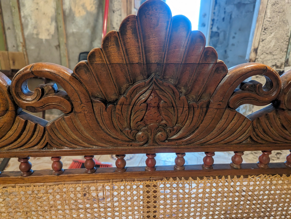 Antique wooden carved bench - needs repair and recane